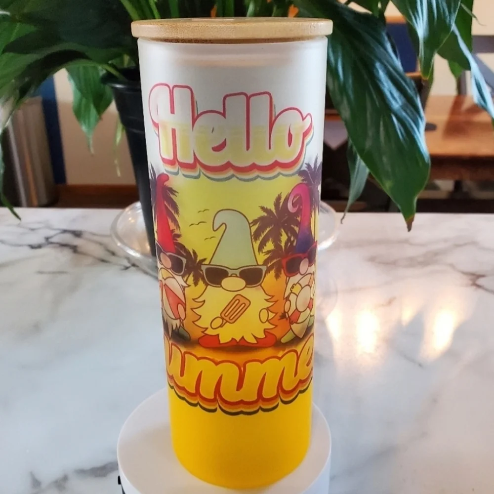 HELLO SUMMER Gnomes 20oz Gradient Yellow Glass Tumbler with duo lids 🎉sale